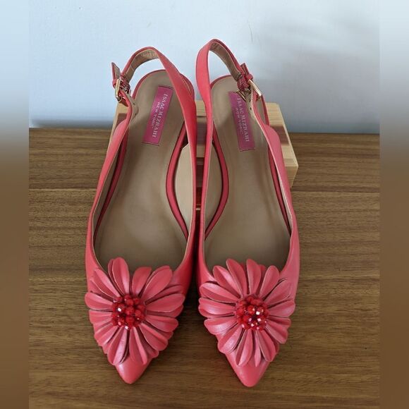 Isaac Mizrahi Red Coral Floral Jewel Embellished Pointy Toe Slingbacks 7 - Picture 1 of 12